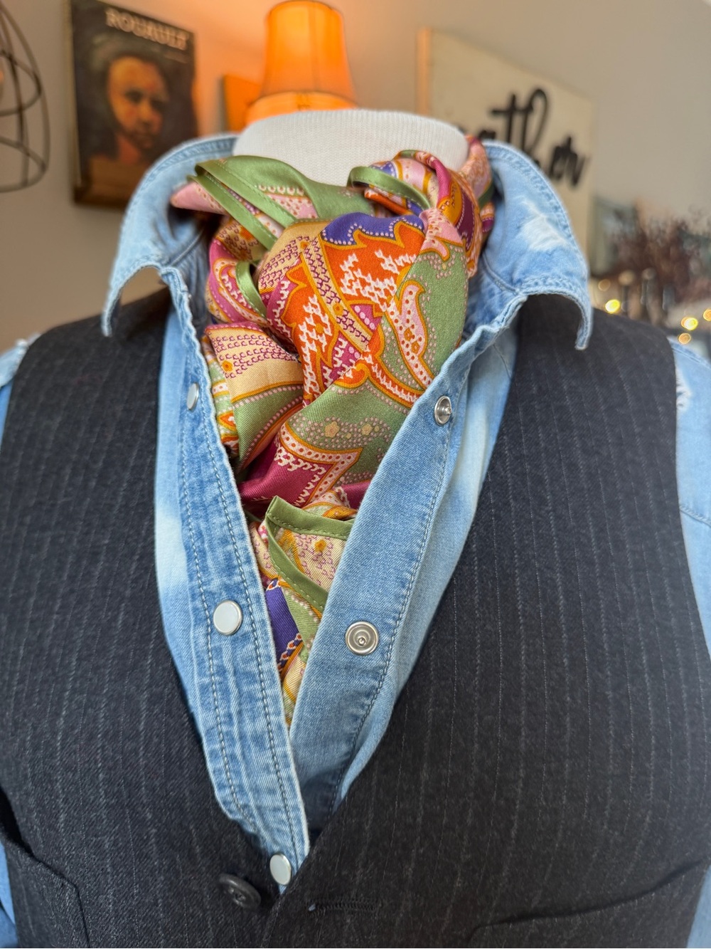 Paisley Silk Feel Scarf Pink Green Orange Blue Oblong 59” Preppy Equestrian
